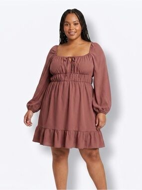 SHEIN,  Brown Square-Neck Long Sleeve Ruffle Dress - XL
